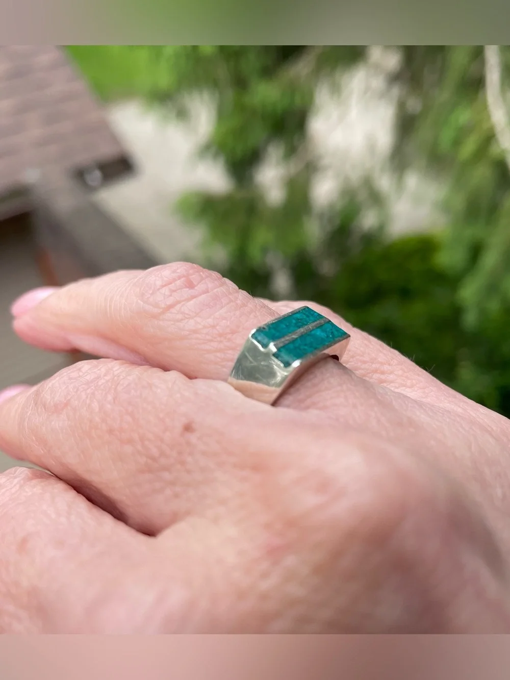 Turquoise Inlay Signet Ring in Sterling with Mexico and Maker Hallmarks, 6.5 - Picture 8 of 15
